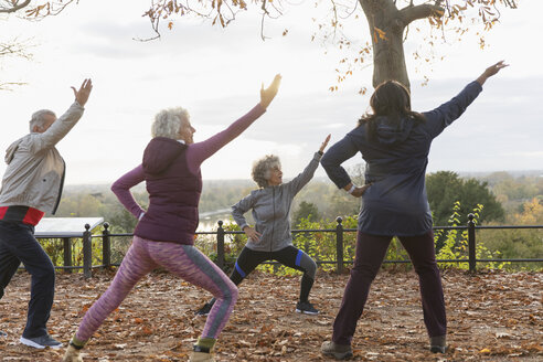 Aktive Senioren üben Yoga im Herbstpark - CAIF20924