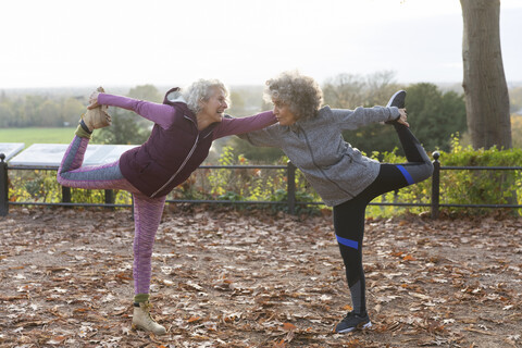 Aktive Seniorinnen beim Stretching im Herbstpark, lizenzfreies Stockfoto