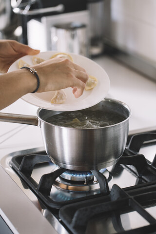 Homemade ravioli, cooking pot stock photo