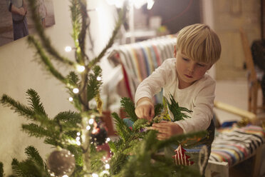 Young boy decorating tree at christmas - CUF32440