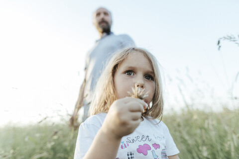 Porträt eines kleinen Mädchens mit Blume auf einer Wiese und Vater, der sie aus dem Hintergrund beobachtet, lizenzfreies Stockfoto