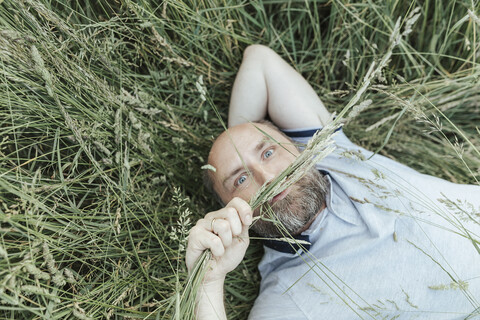 Porträt eines reifen Mannes, der im Gras liegt und komische Gesichter zieht, lizenzfreies Stockfoto