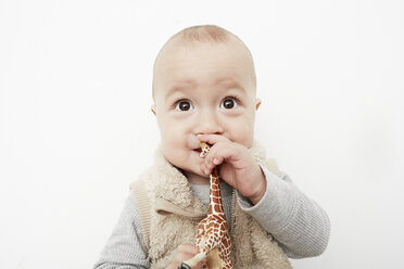 Porträt eines süßen kleinen Jungen, der mit einer Spielzeuggiraffe spielt - ISF10554