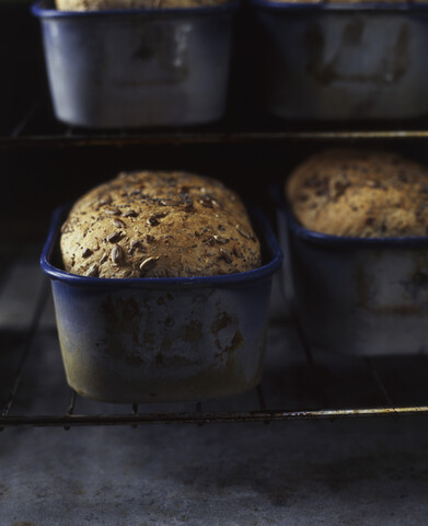 Bio-Saatgutbrot mit Kürbis und Mohn, frisch aus dem Ofen, lizenzfreies Stockfoto