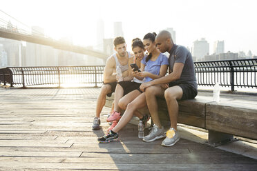 Four adult running friends reading smartphone text in front of Brooklyn bridge, New York, USA - ISF11091