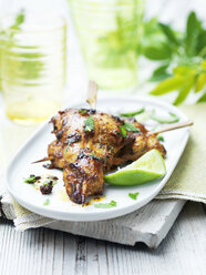 Dish of chicken tikka kebabs, lime slice on wooden table in garden - ISF11146