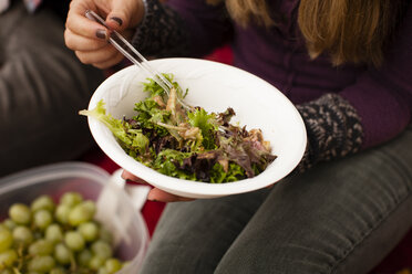 Cropped shot of young couple eating picnic salad - ISF11374