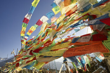 Niedriger Blickwinkel auf bunte Gebetsfahnen, Bezirk Shangri-la, Yunnan, China - ISF11426