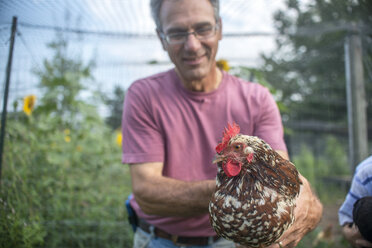 Älterer Landwirt hält ein Huhn auf dem Bauernhof - ISF11505