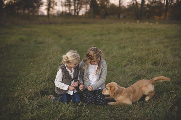 Two young girls sitting in field with pet dog - ISF11548