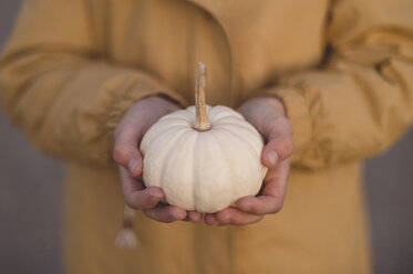 Young girl holding small pumpkin, mid section - ISF11549