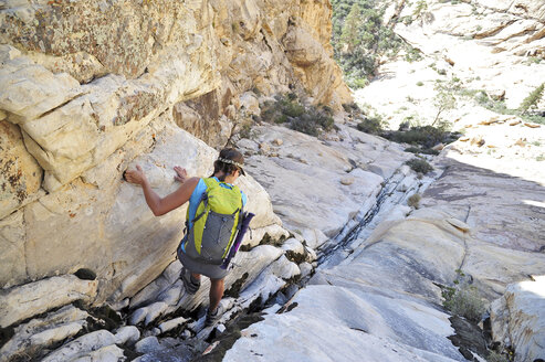 Rückansicht einer jungen Bergsteigerin, die eine Felsspalte hinunterklettert, Mount Wilson, Nevada, USA - ISF11727