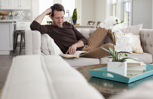 Mittlerer erwachsener Mann entspannt sich zu Hause auf dem Sofa und liest ein Buch - ISF11912