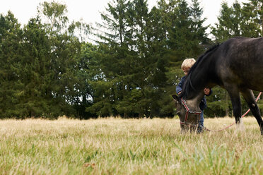 Kleiner Junge mit Pony auf einem Feld - ISF12285