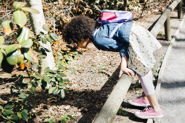 Side view of girl leaning forward over fence to smell flowers - ISF13059