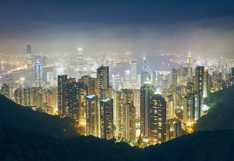 Cityscape at night, Victoria Peak, Hong Kong stock photo