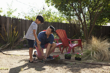 Vater und Sohn pflanzen im Garten - ISF13240