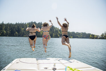 Rückansicht von drei jungen Frauen, die von einem Steg springen, Lake Oswego, Oregon, USA - ISF13319