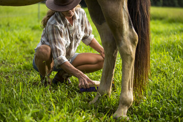 Mature woman tending to horse, low section - ISF13336