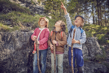 Drei Kinder im Wald, die zusammen stehen und nach oben schauen - ISF13744