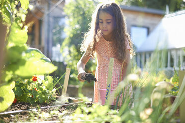 Mädchen gräbt Hochbeet im Garten - ISF13793
