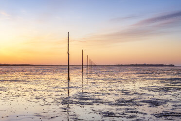 United Kindom, England, Northumberland, posts marking the pilgrims way crossing to Lindisfarne, Holy Island - SMAF01042