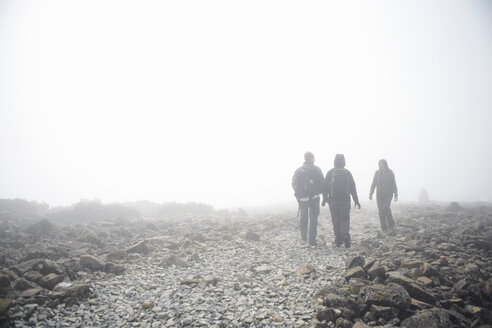 Three people walking through fog, Ben Nevis, Scotland - CUF34051