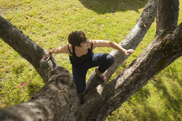 Mid adult woman climbing up tree - ISF14379