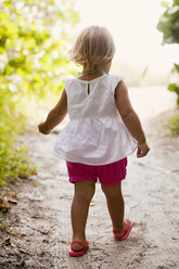 Rear view of female toddler toddling on woodland beach path, Anna Maria Island, Florida, USA - ISF14385
