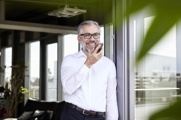 Smiling businessman standing at French door using cell phone - RBF06333