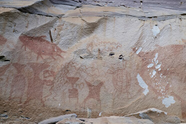 Thailand, Provinz Ubon Ratchathani, Nationalpark Pha Taem, prähistorische Felszeichnungen, Felskunst, humanoide und tierische Figuren - HLF01097