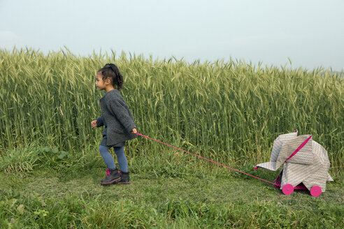 Kleines Mädchen, das einen Origami-Elefanten auf Rollen auf einem Feld zieht - PSTF00123