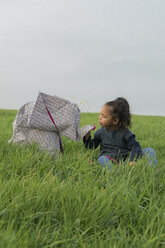 Little girl with origami elephant on meadow - PSTF00124