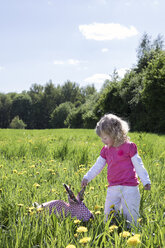 Kleines Mädchen mit Origami-Kaninchen auf der Wiese - PSTF00163