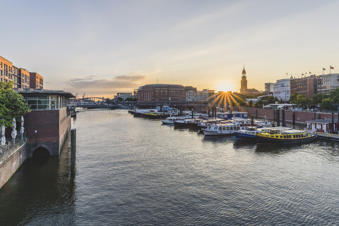 Germany, Hamburg, inland harbour with St. Michaelis Church in background stock photo