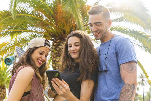 Freunde teilen sich ein Mobiltelefon unter einer Palme - WPEF00474