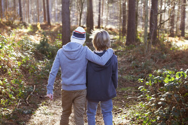Twin brothers walking together in woods - CUF34633