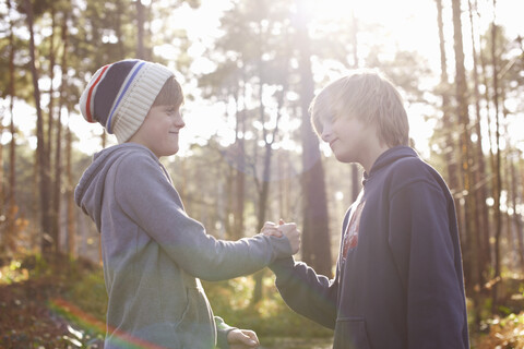 Zwillingsbrüder schütteln sich die Hände bei einem Deal im Wald, lizenzfreies Stockfoto