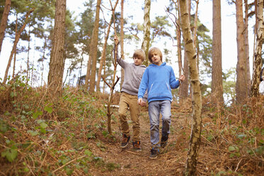 Twin brothers strolling in woods - CUF34651