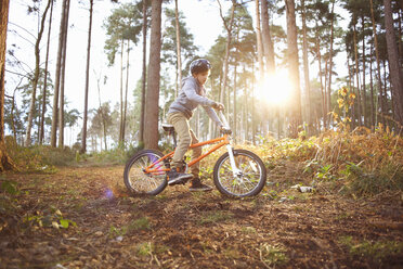 Junge fährt mit seinem BMX-Rad durch den Wald - CUF34653