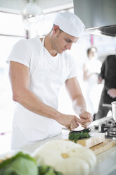 Male chef mixing using herb chopper in commercial kitchen - CUF35702