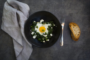 Green Shakshouka with baby spinat, chard, spring onions and basil in bowl - LVF07156