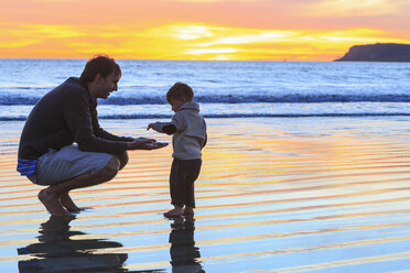 Father and toddler son playing on beach, San Diego, California, USA - ISF14433