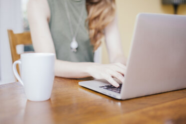 Cropped shot of young woman typing on laptop at dining room table - CUF36934