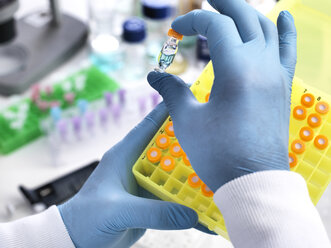 Research experiment, scientist preparing sample into vials for analysis - ABRF00149