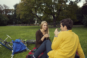 Young couple drinking wine on picnic blanket in park - CUF37324