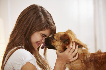 Young woman having face licked by pet dog - ISF14638