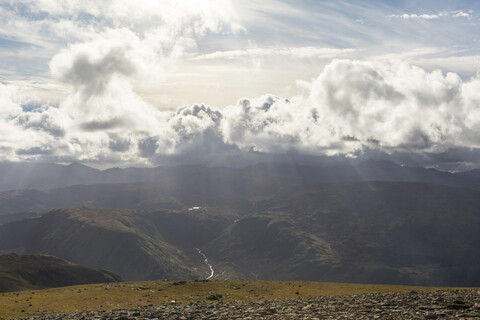 United Kingdom, England, Cumbria, Lake District, view of valleys and clouds from Helvellyn peak stock photo