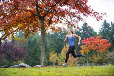 Girl jogging in forest - ISF14752