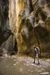 Male hiker backpacking the Narrows, Zion National Park, Utah, USA - ISF14853